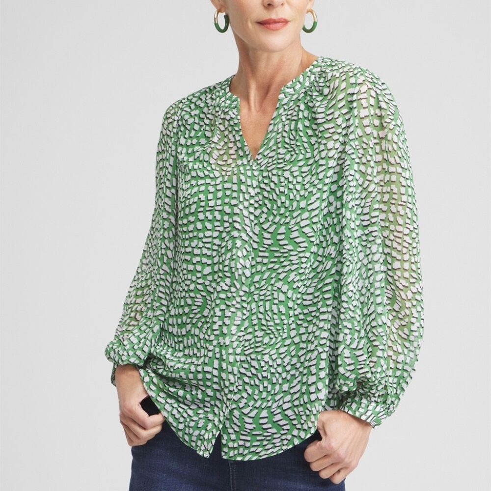 Chico's Green and White Patterned Long-Sleeve Blouse